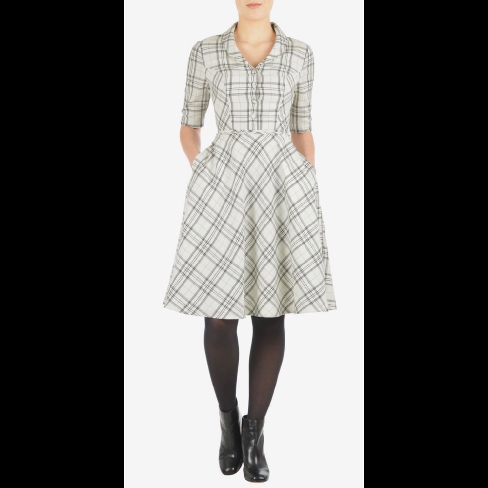 New Eshakti Plaid Fit & Flare Shirt Dress L 12